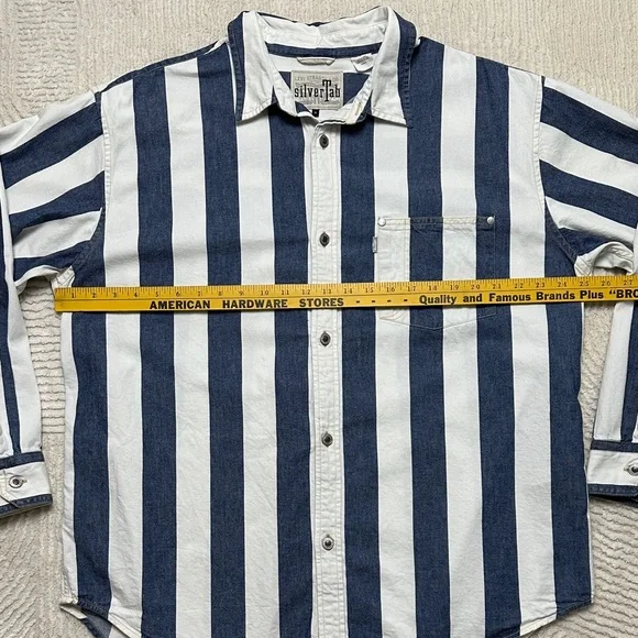 Silver Tab Levi’s Jeans Navy and White Striped Casual Shirt Oversized M - Picture 12 of 15